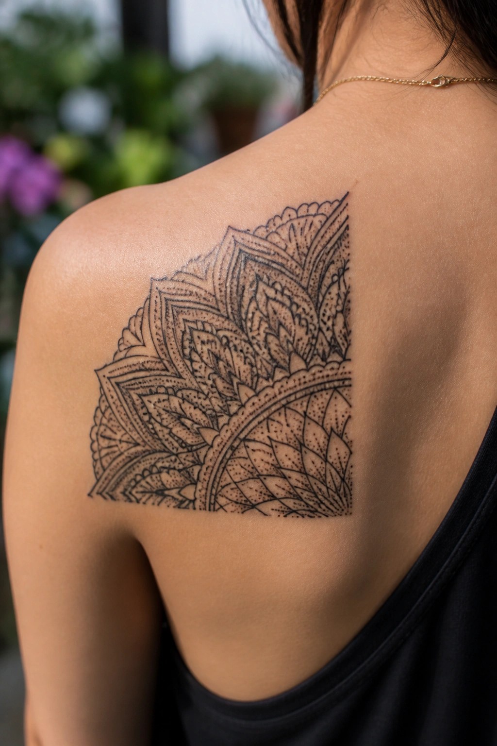 Black ink mandala tattoo on a woman's upper back and shoulder blade, featuring layered floral and geometric patterns in fine linework and dot shading.