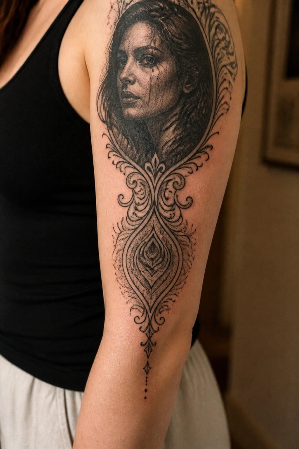 Black and grey ornate tattoo of a woman's face on upper arm in black tank top