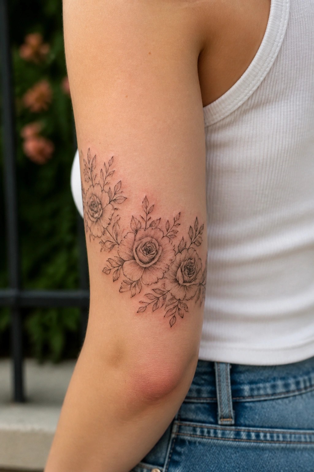 Floral rose tattoo on upper arm with white tank top and blue jeans