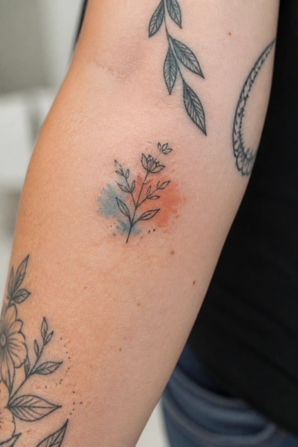 Tattooed forearm with small floral design, blue-orange watercolor splashes, and leafy motifs