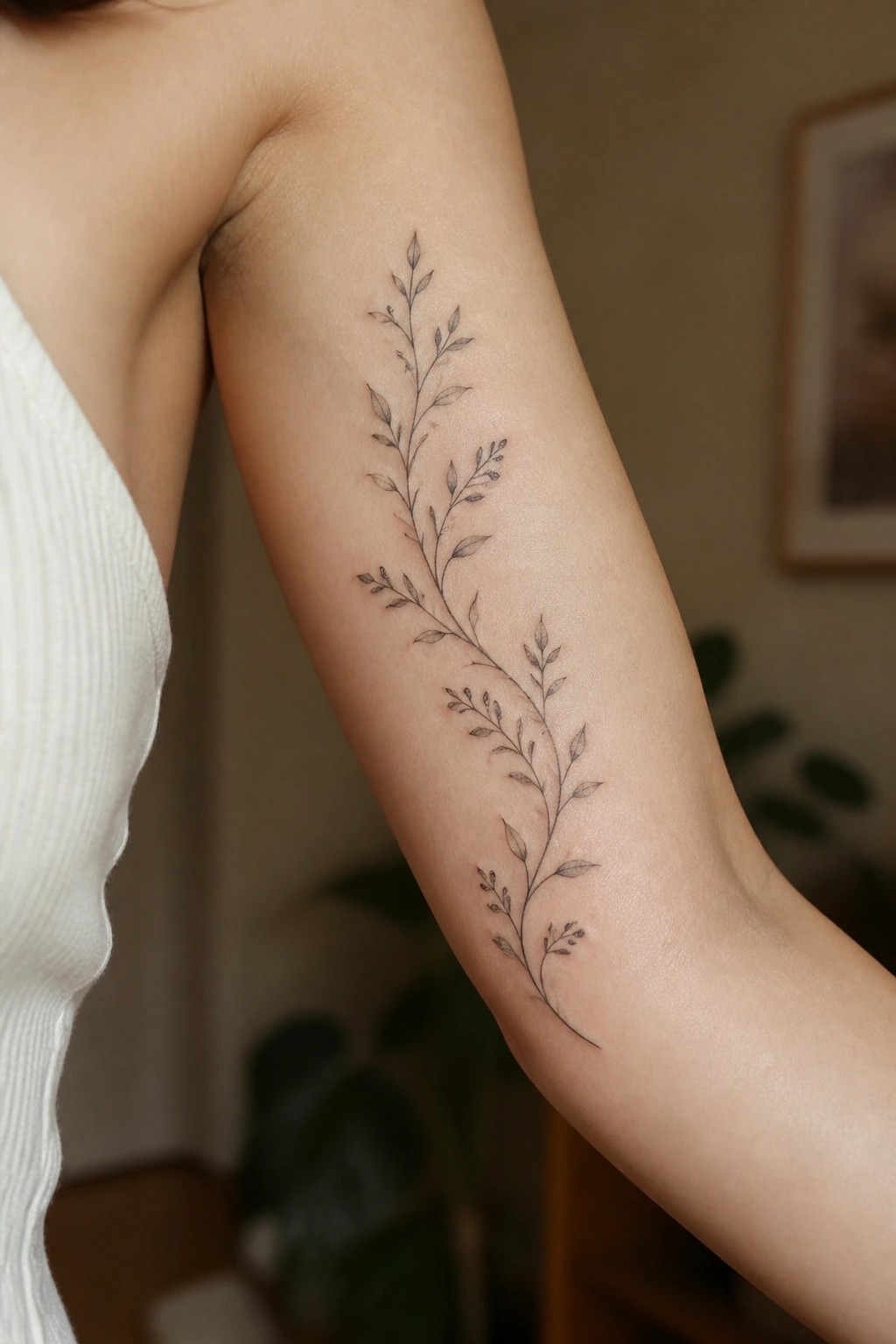 Delicate black vine tattoo with leaves on a woman's upper arm in white top.