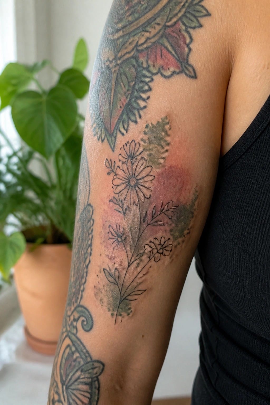 Fine line wildflower tattoo with pink and green watercolor shading placed on the inner upper arm as a filler between larger designs