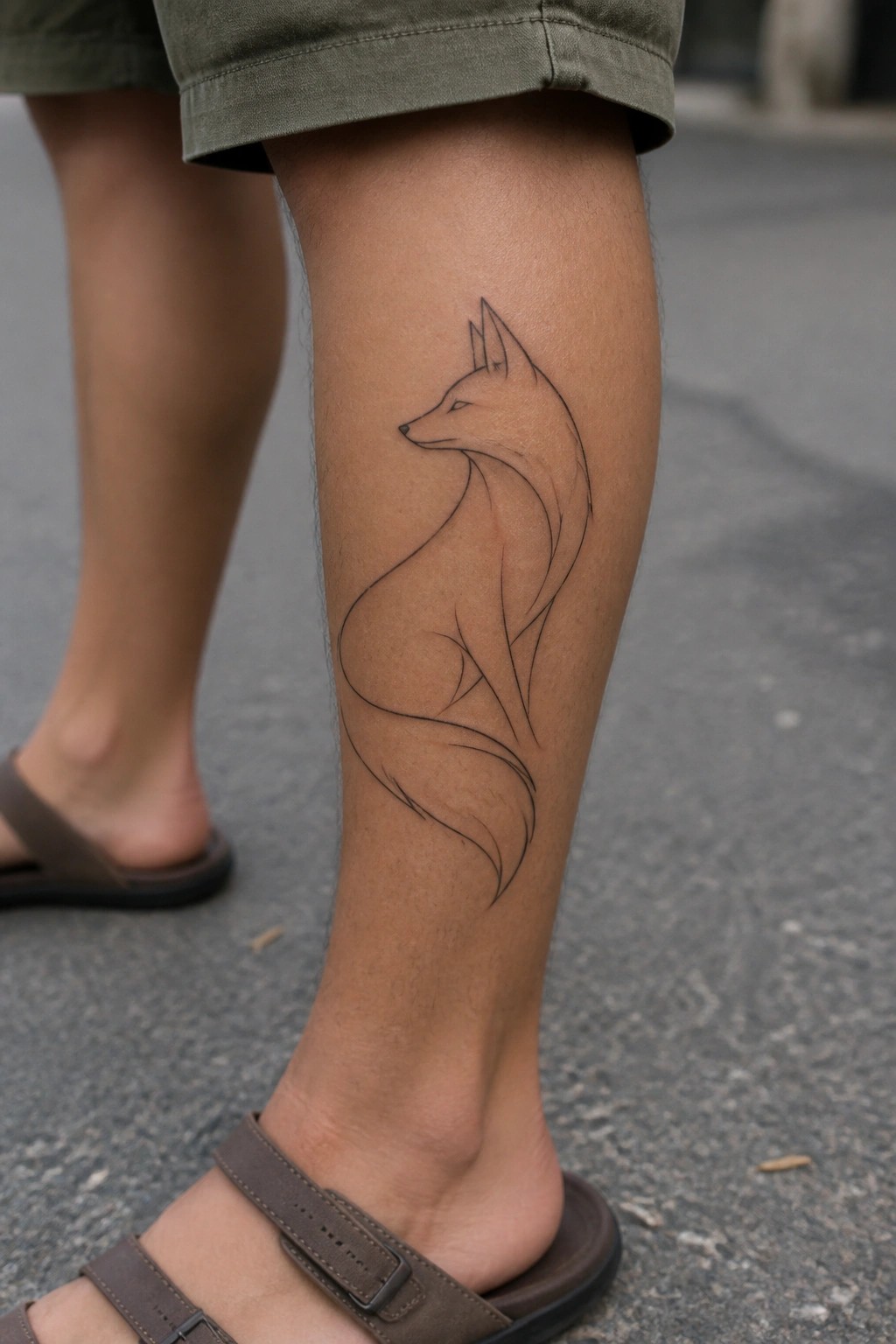 Minimalist black line fox tattoo on calf with green shorts and brown sandals.