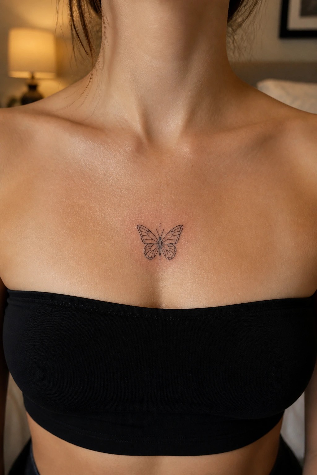 Butterfly tattoo on upper chest above black strapless top in softly lit room.