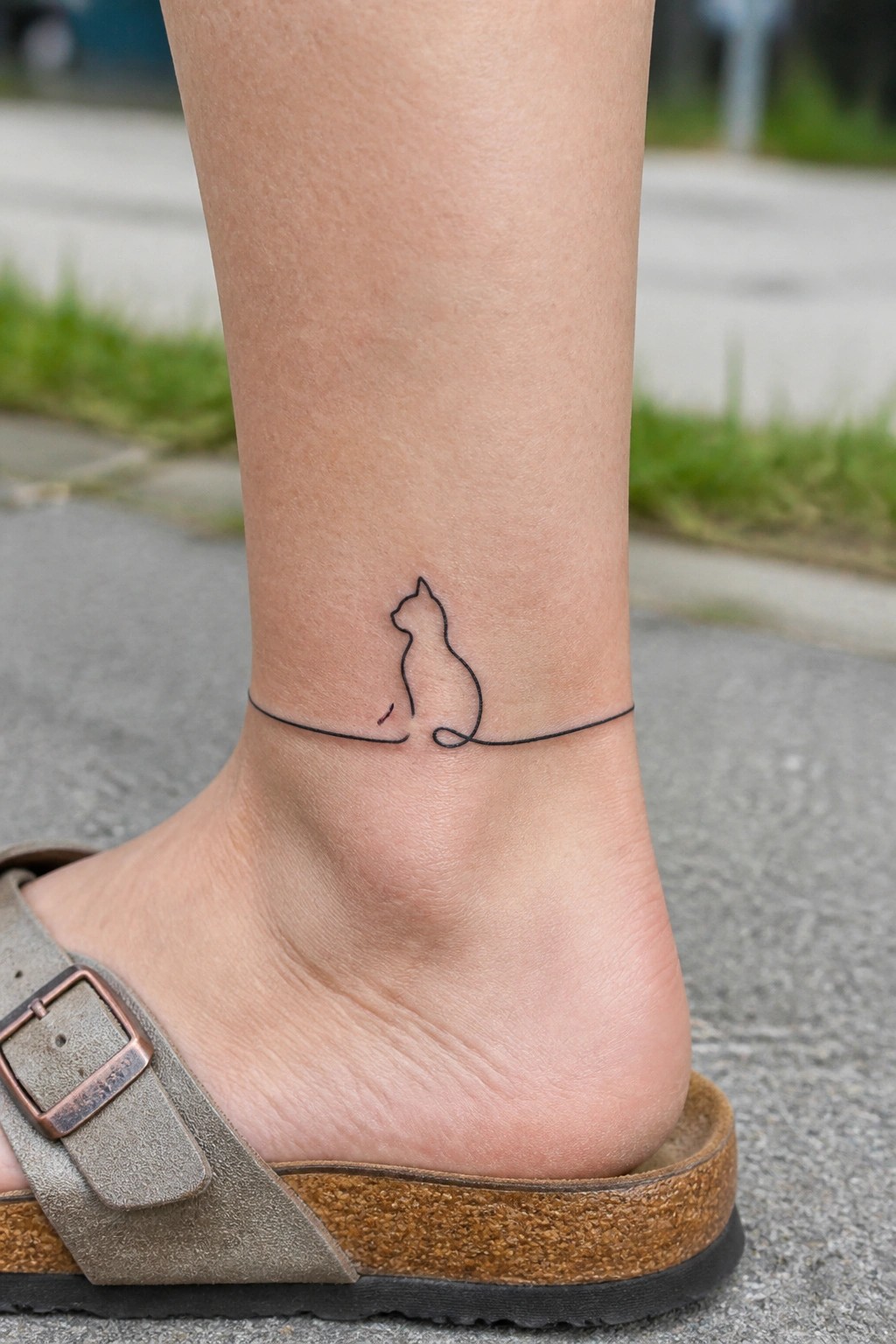 Minimalist black line cat tattoo encircling ankle above gray sandal strap.