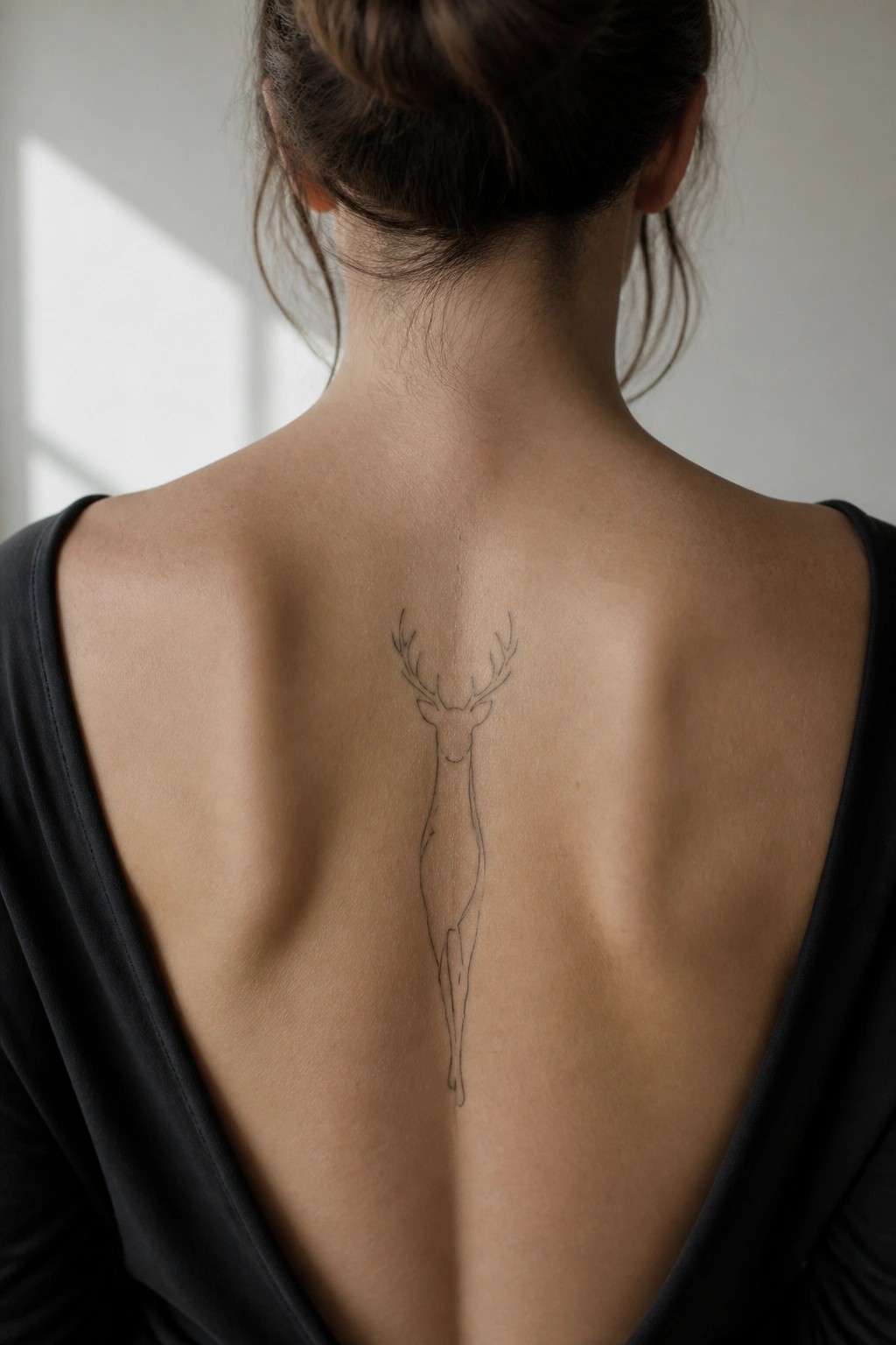 Woman's back with minimalist deer tattoo, black low-back top, hair in bun.