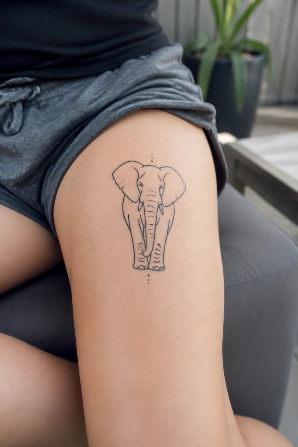 Minimalist elephant line tattoo on thigh of person in gray shorts and black top.