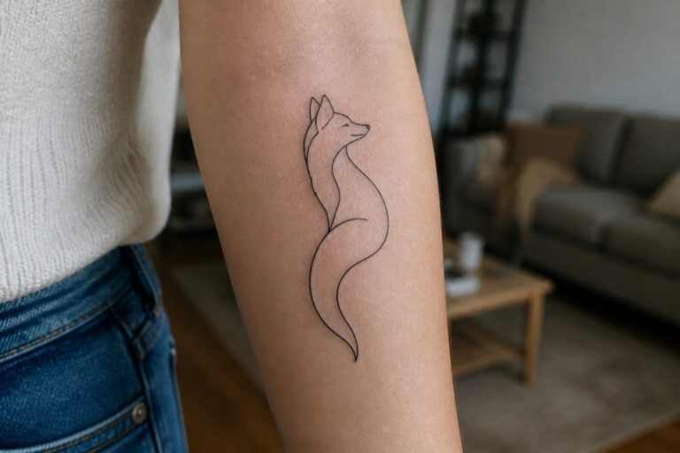 22 Stylish Animal Tattoo Outline Ideas for Clean Minimal Designs Minimalist black line tattoo of a fox on a light-skinned forearm with dark shirt and jeans visible.