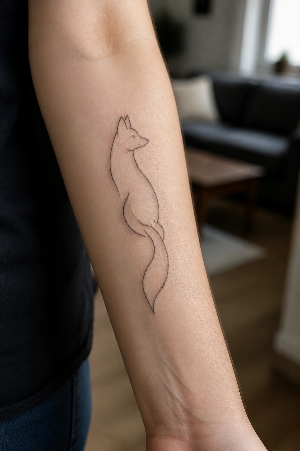 Minimalist black line tattoo of a fox on a light-skinned forearm with dark shirt and jeans visible.