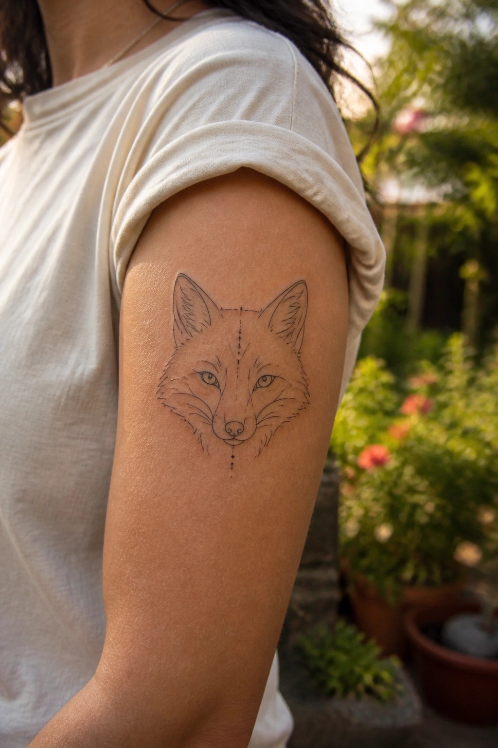 Fox face line tattoo with dotted center on upper arm in white shirt
