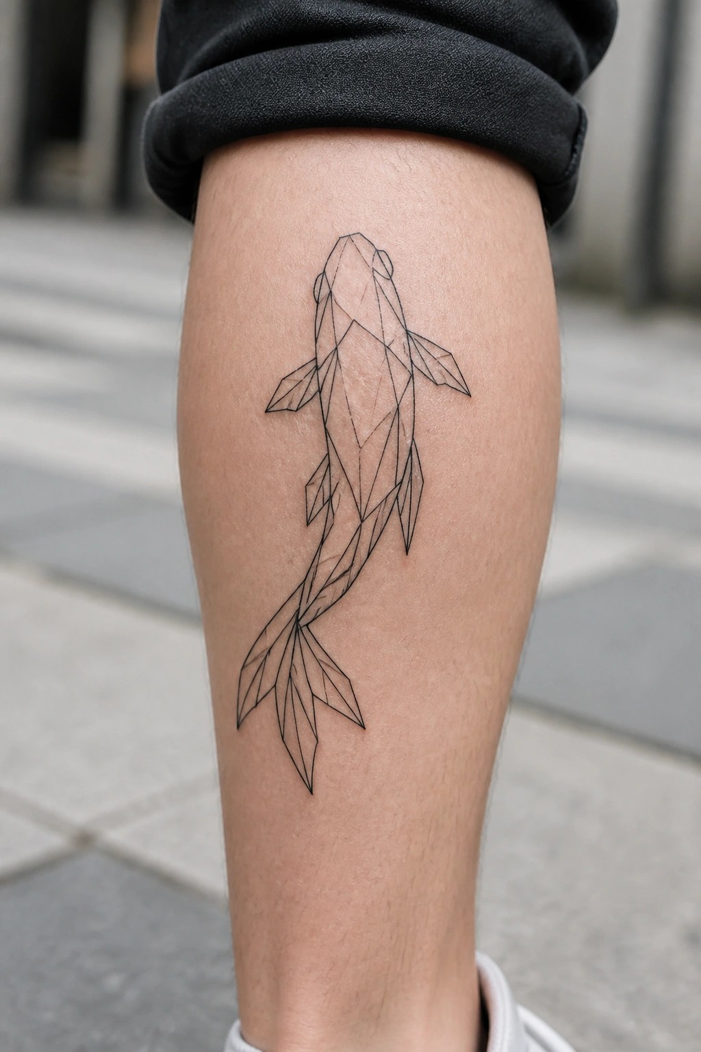 Black geometric koi fish tattoo on shin below rolled black pants
