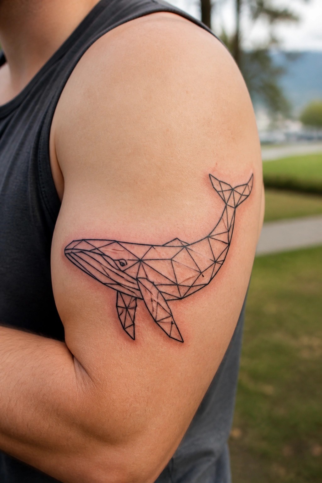 Geometric whale tattoo on upper arm of person in black tank top