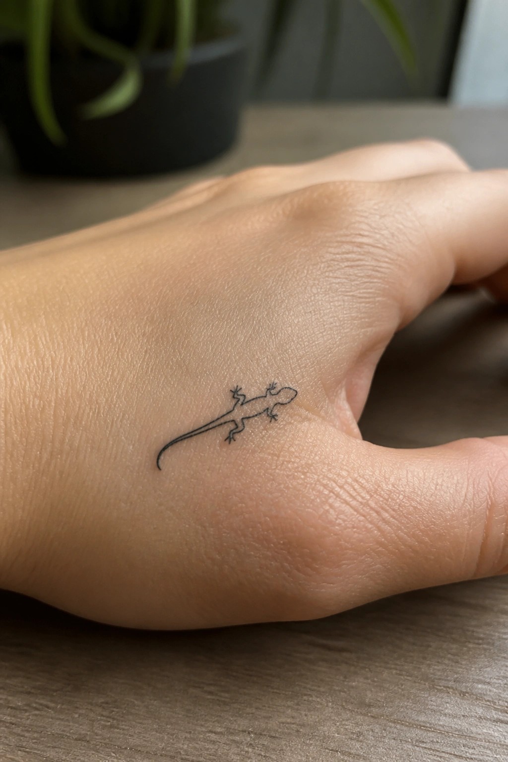 Tiny black lizard tattoo on light-skinned hand resting on wooden surface.