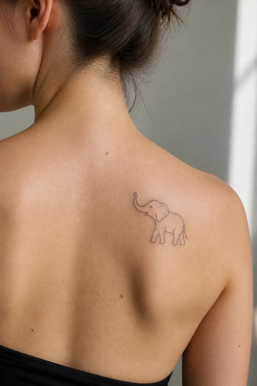 Small minimalist elephant outline tattoo on the upper back near the shoulder