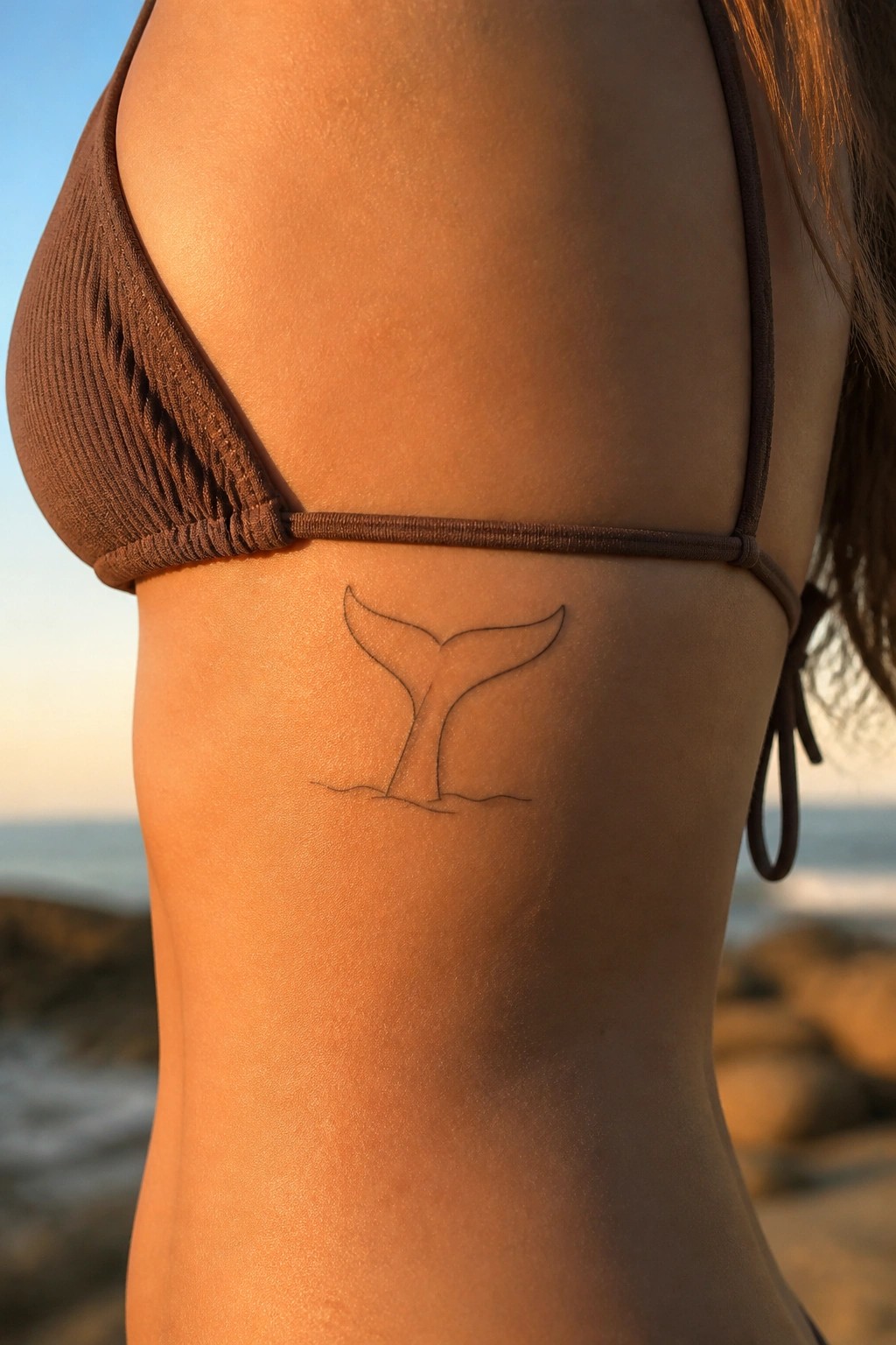 Whale tail tattoo on ribcage beneath brown bikini top at sunny beach