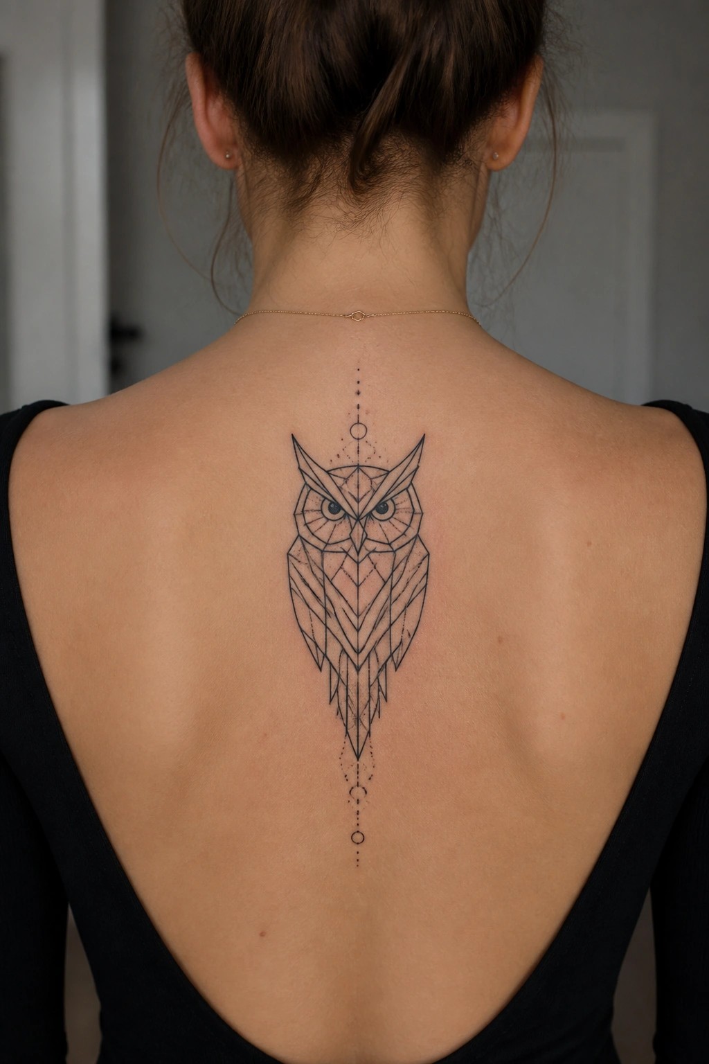 Geometric owl tattoo on woman's upper back with black top and gold necklace.