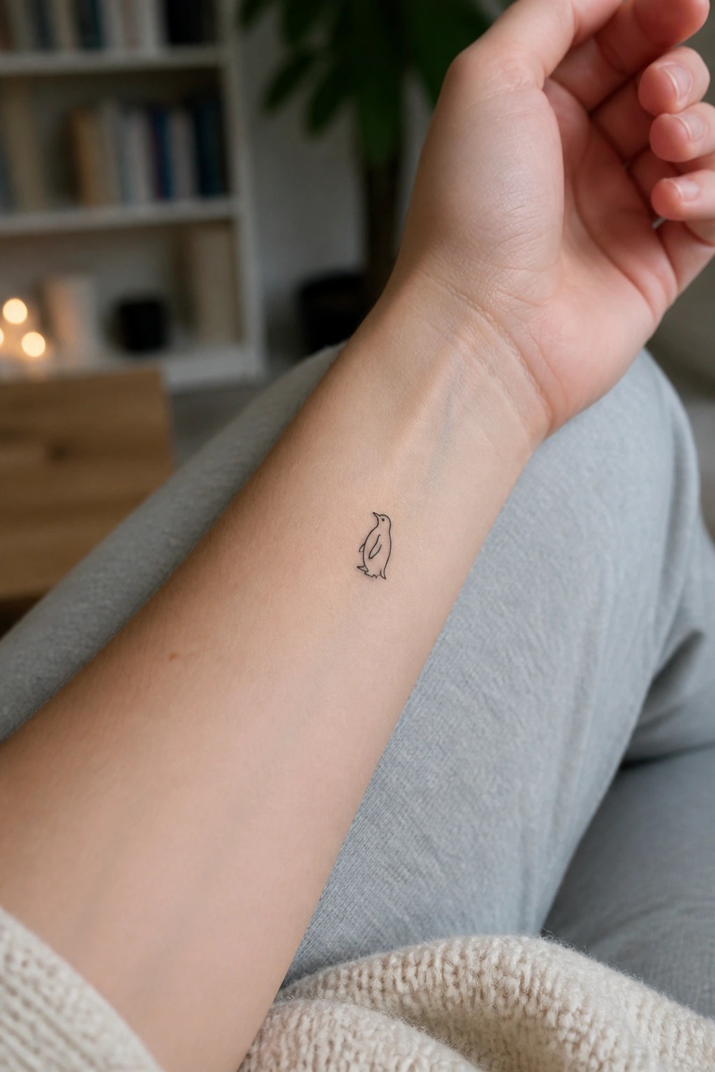 Small minimalist penguin outline tattoo on the inner wrist