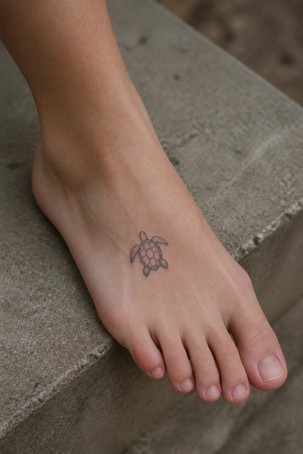 Small outline of a sea turtle tattooed on the top of a foot.