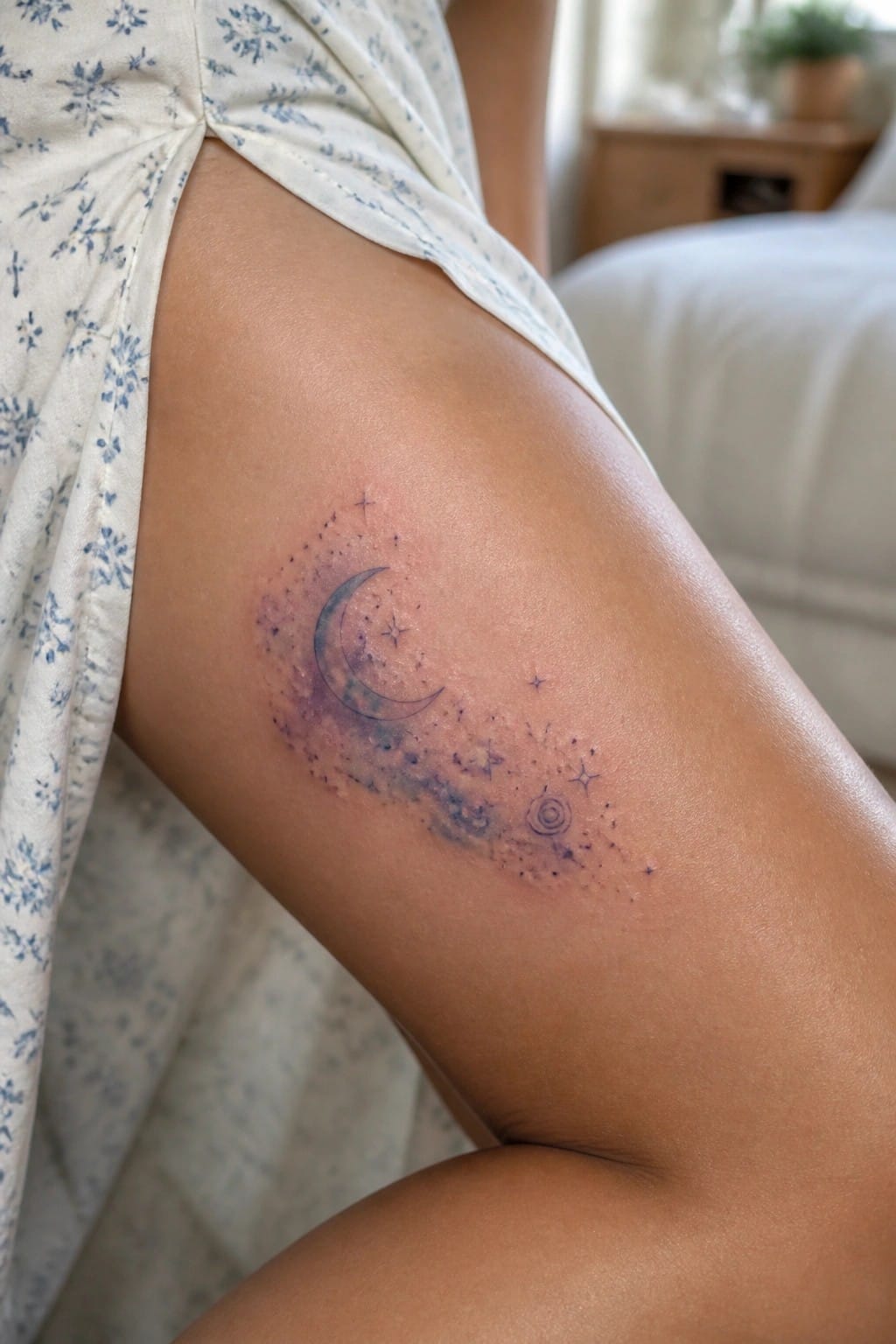 Thigh tattoo of crescent moon, stars and purple-blue galaxy under floral clothing.