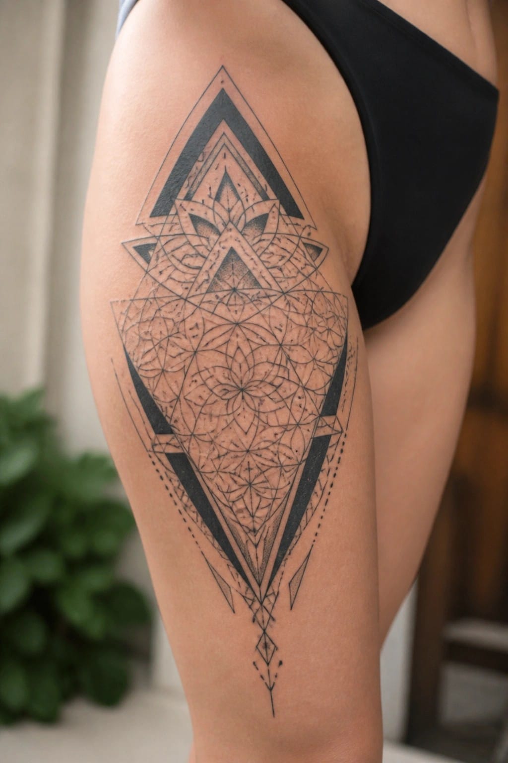Intricate black geometric mandala tattoo on upper thigh beside black garment.