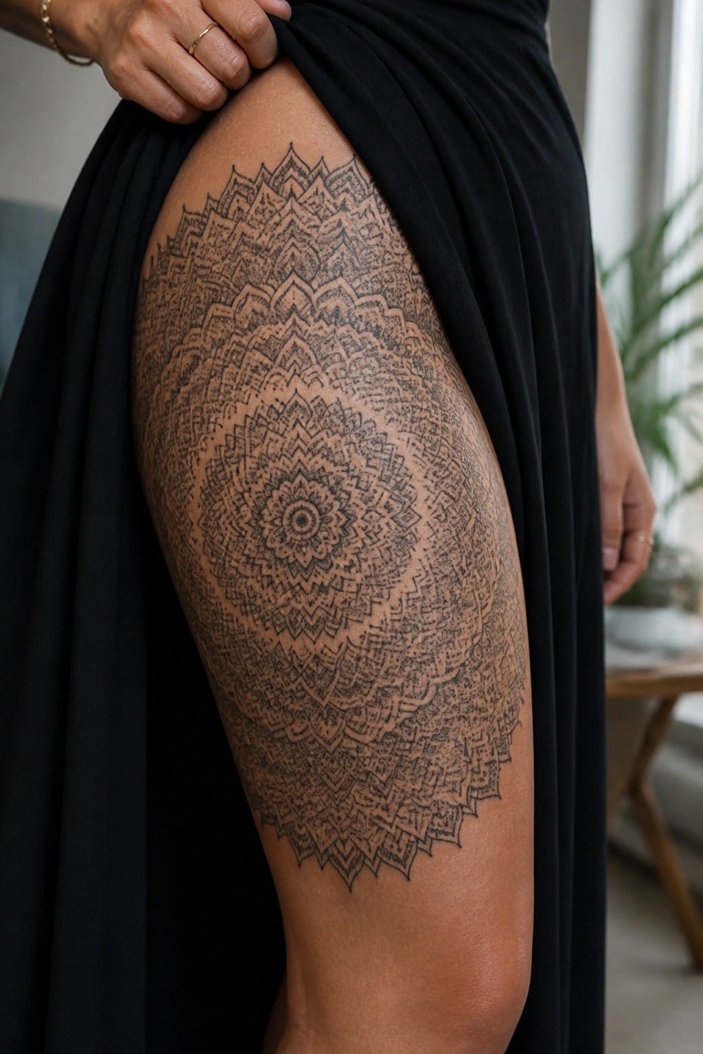 Large mandala tattoo on thigh with black skirt lifted by hand