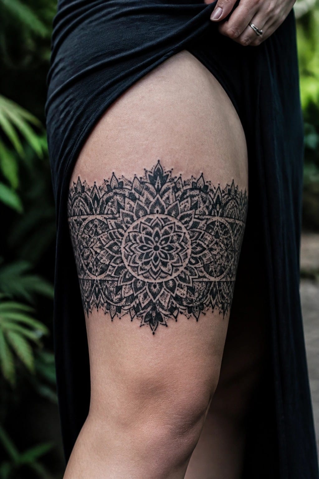 Large intricate mandala tattoo on thigh beneath lifted black garment