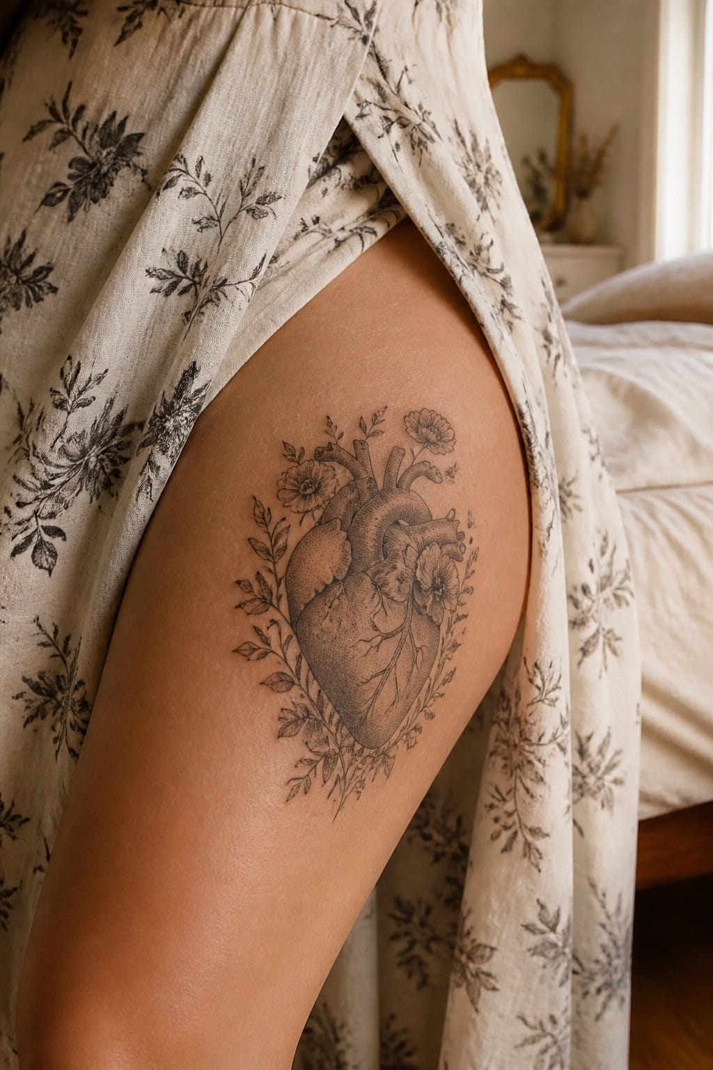 Beige floral dress lifted over thigh with anatomical heart and flower tattoo