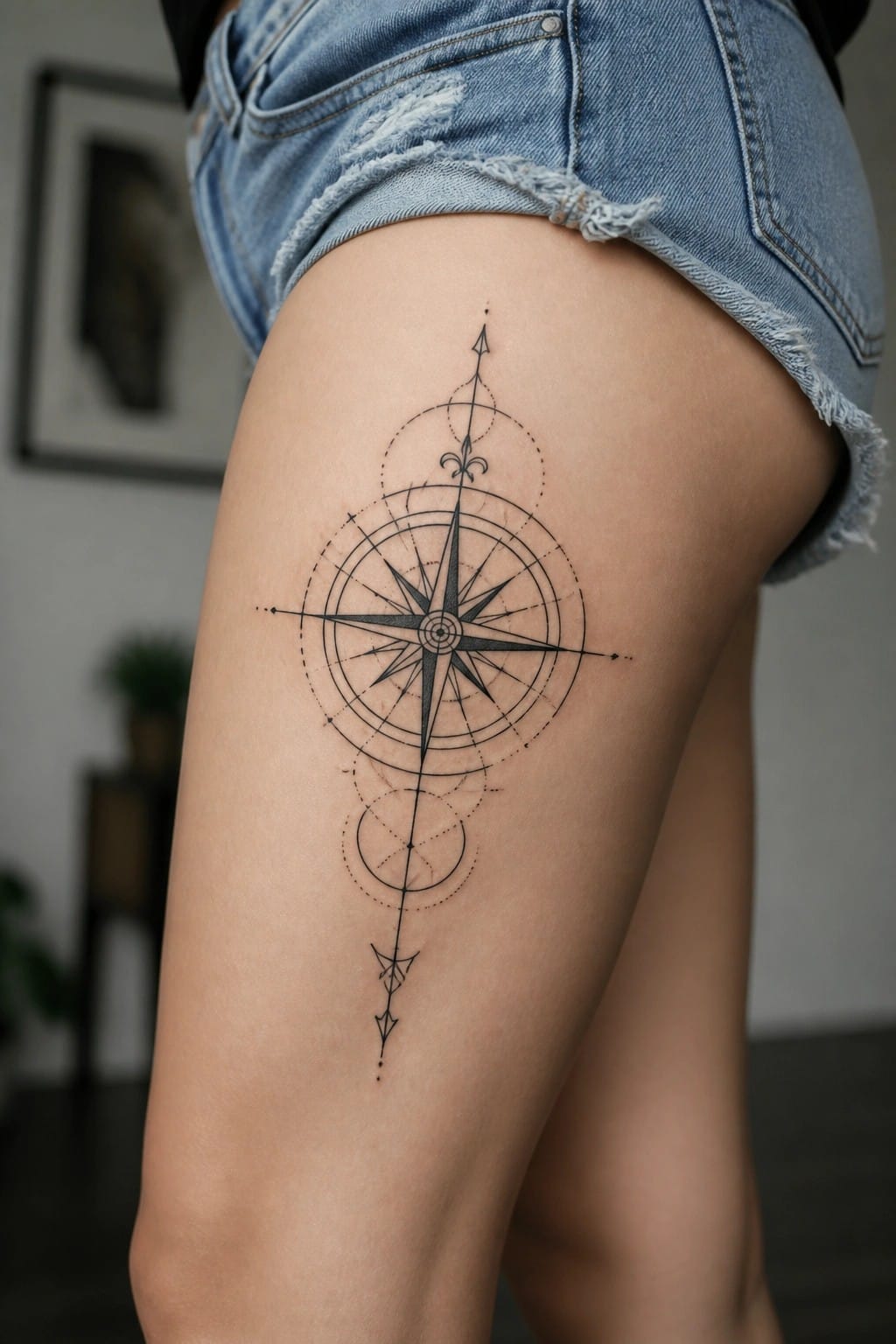 Intricate black compass rose tattoo on thigh beneath frayed blue denim shorts.