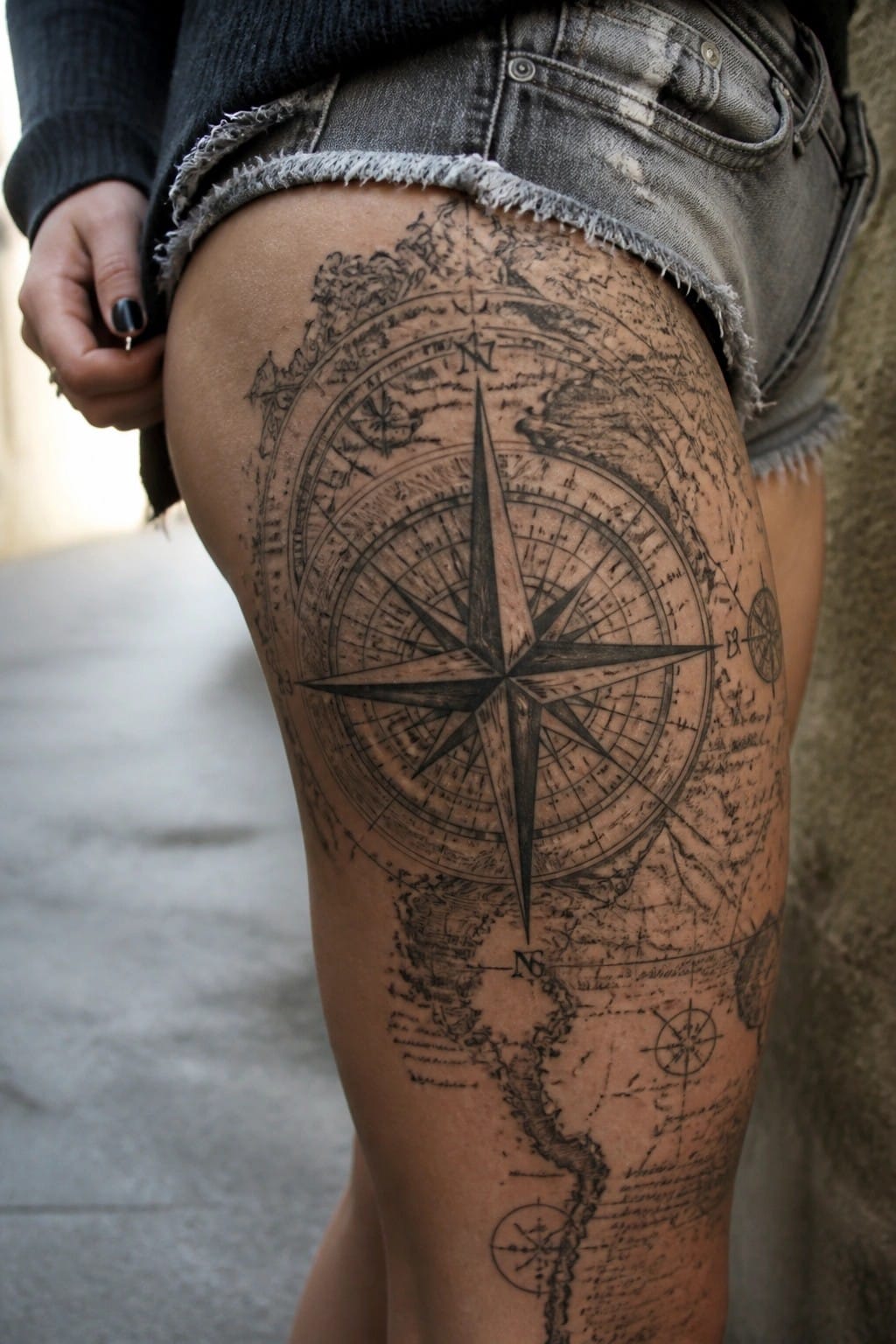 Large black and grey compass rose tattoo on the upper thigh with map details and fine linework.