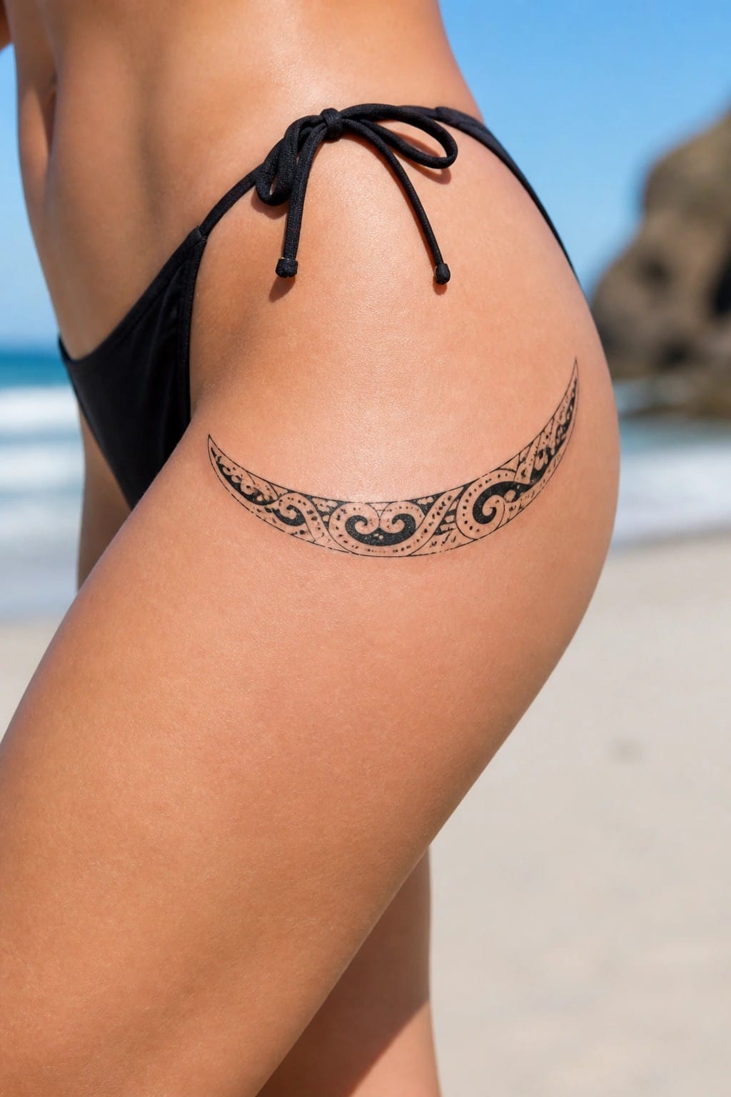 Black bikini tied at hip above curved tribal thigh tattoo on sunny beach