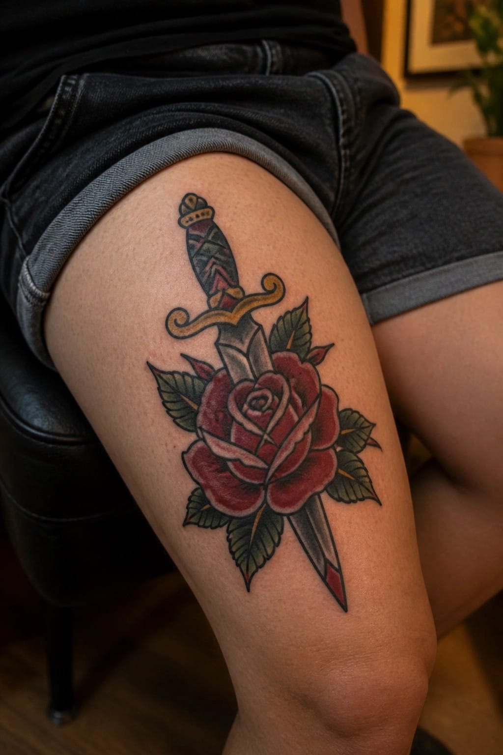 Dagger through red rose tattoo on thigh under dark denim shorts.
