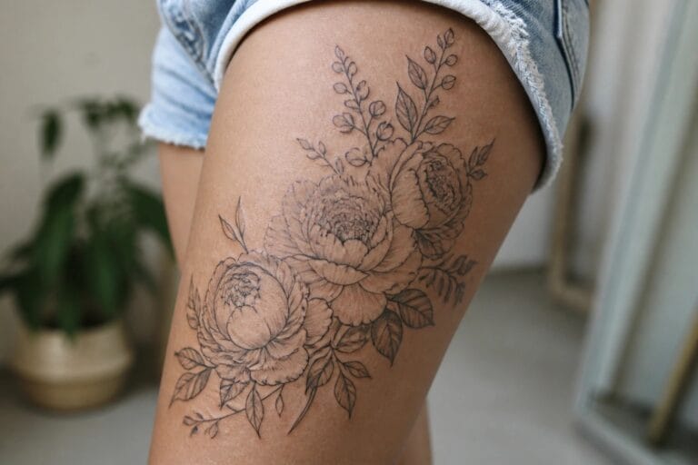 21 Timeless Thigh Tattoo Ideas That Balance Bold Placement and Delicate Detail Black and grey peony tattoo covering part of the upper thigh with leaves and branches extending downward