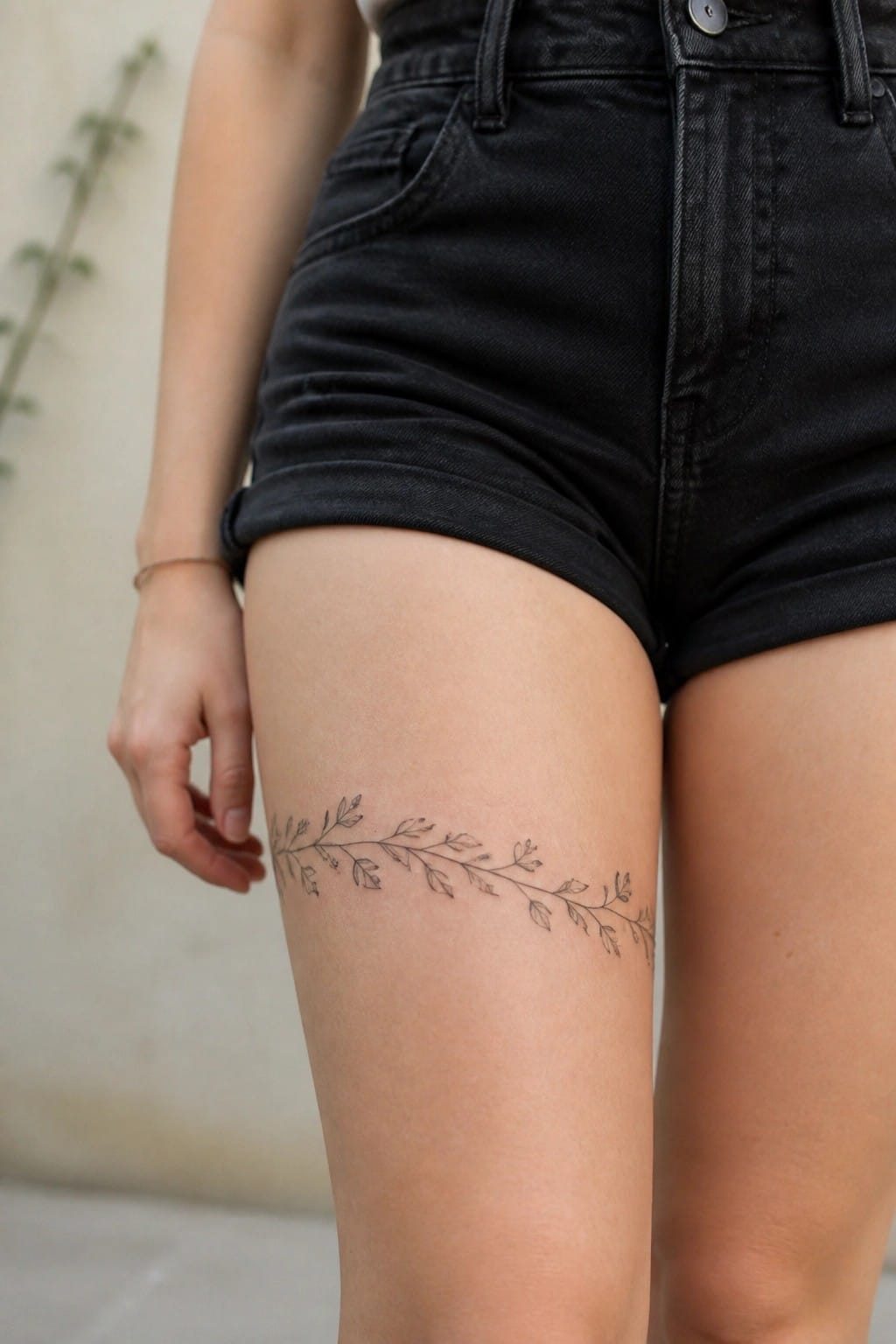 Black denim shorts with delicate leafy vine tattoo across thigh