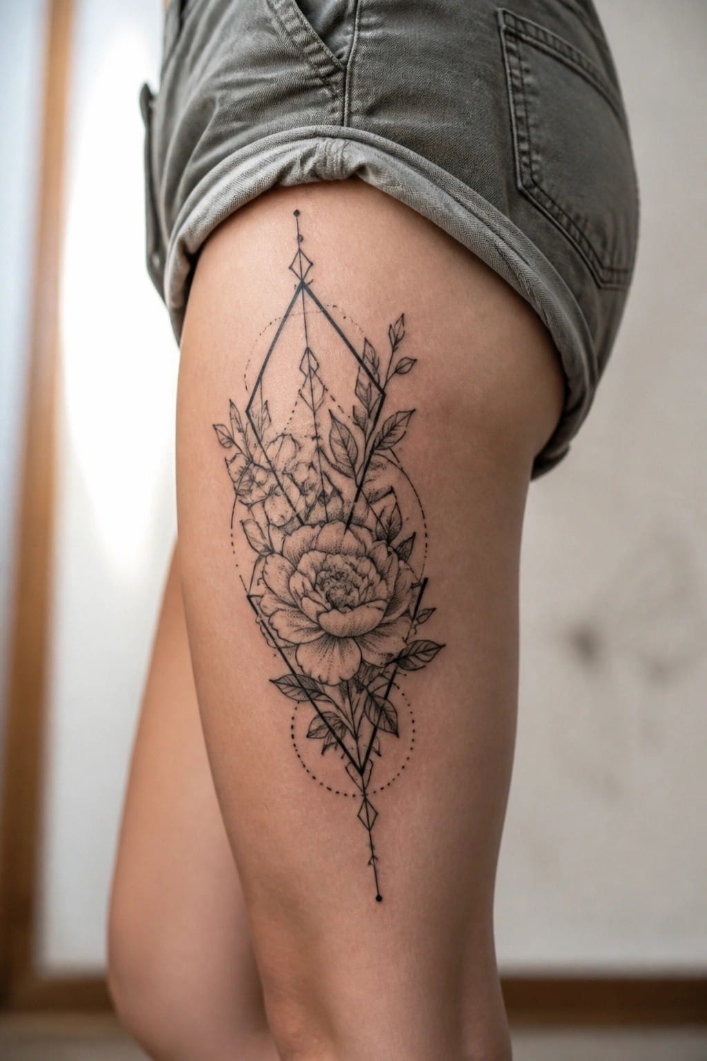 Black ink floral geometric tattoo on thigh under gray denim shorts