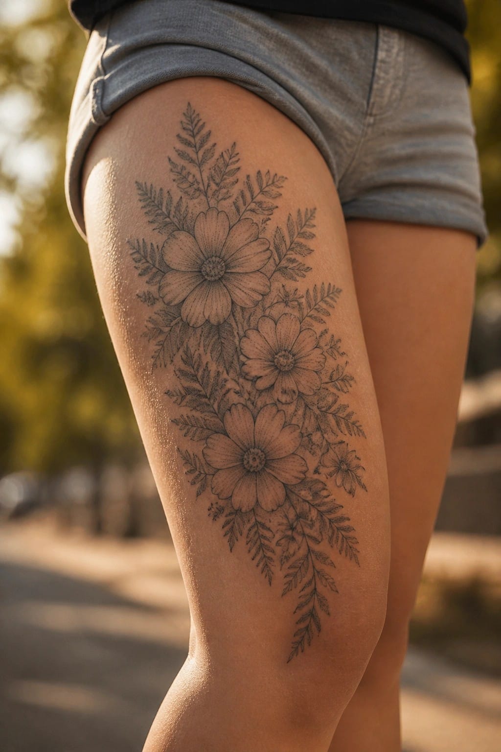 Floral tattoo with daisies and ferns on thigh under gray denim shorts