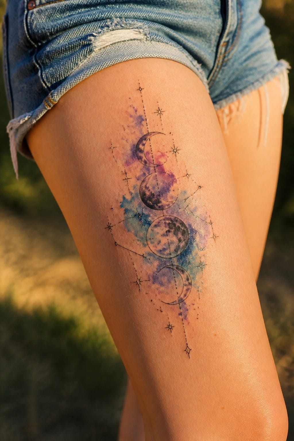 Moon phases tattoo with watercolor splashes and stars on thigh in denim shorts