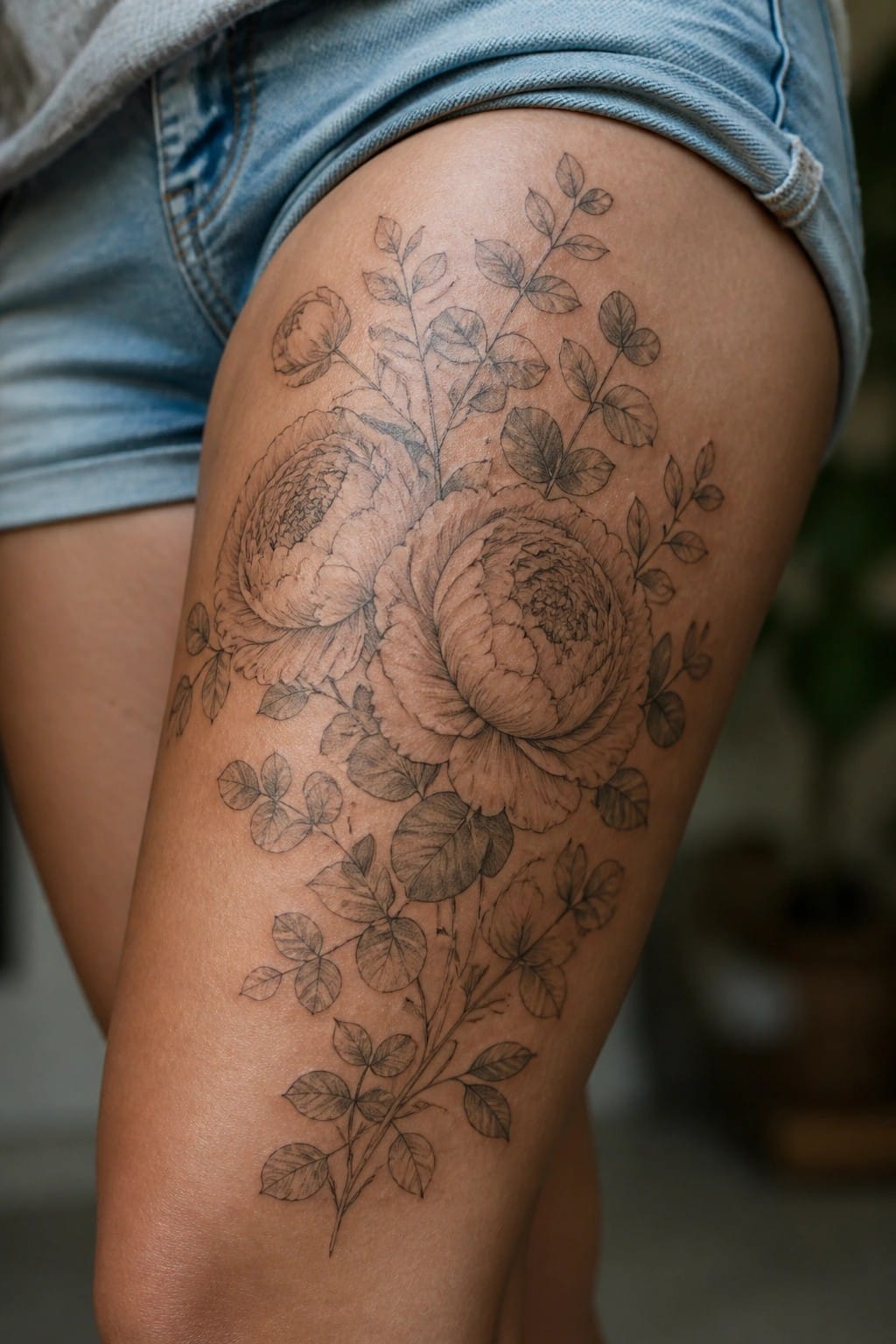 Black and grey peony tattoo covering part of the upper thigh with leaves and branches extending downward