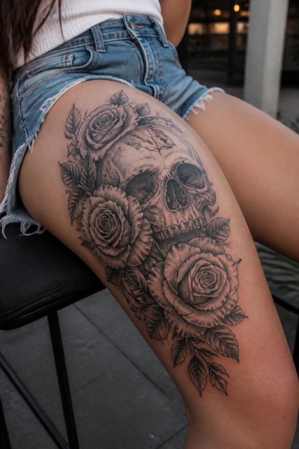 Skull and roses tattoo on thigh of person in denim shorts