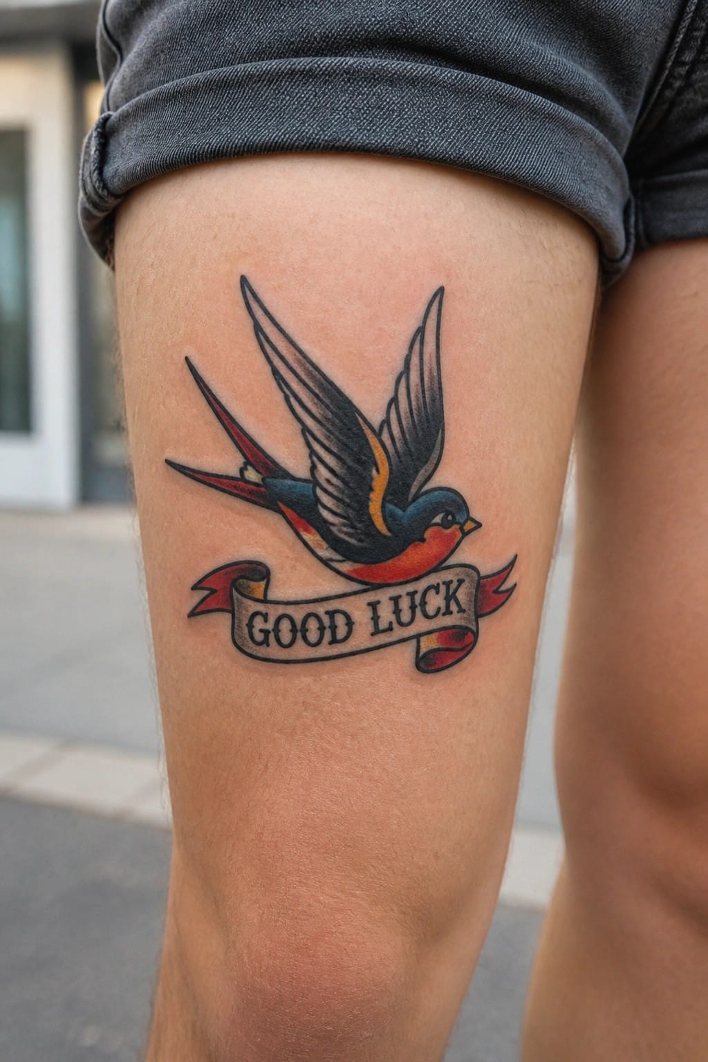 Traditional swallow tattoo with good luck banner on the thigh in classic style