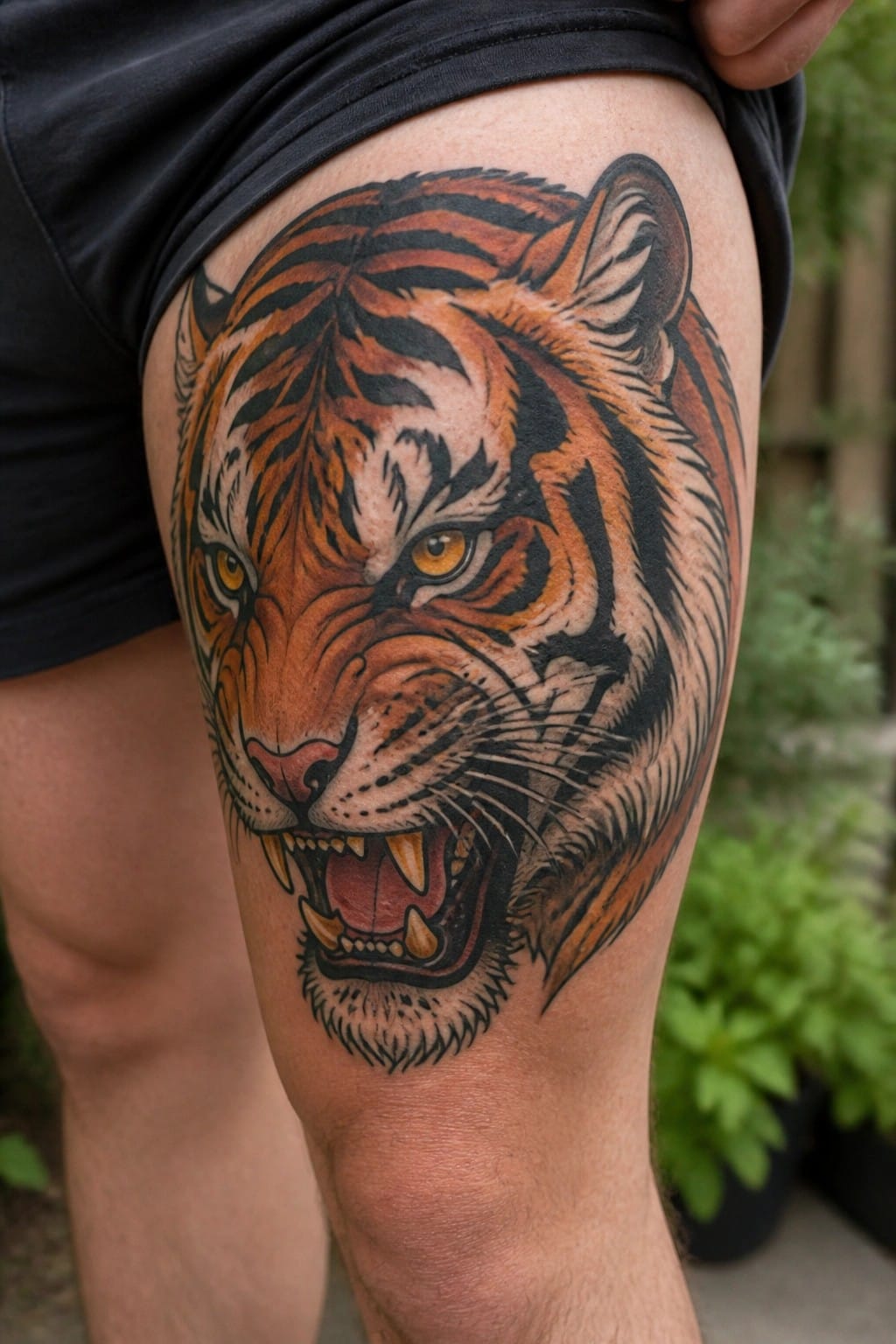 Realistic tiger head tattoo on the thigh with orange and black stripes and an open roaring mouth.