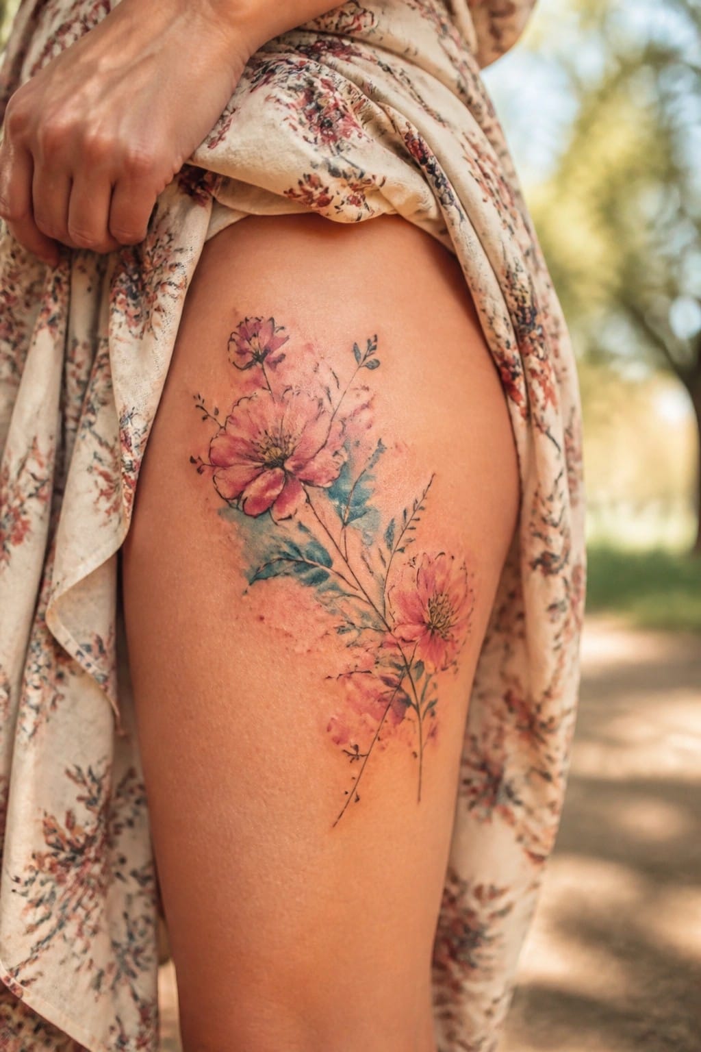 Pink and blue floral tattoo on thigh beneath lifted patterned dress