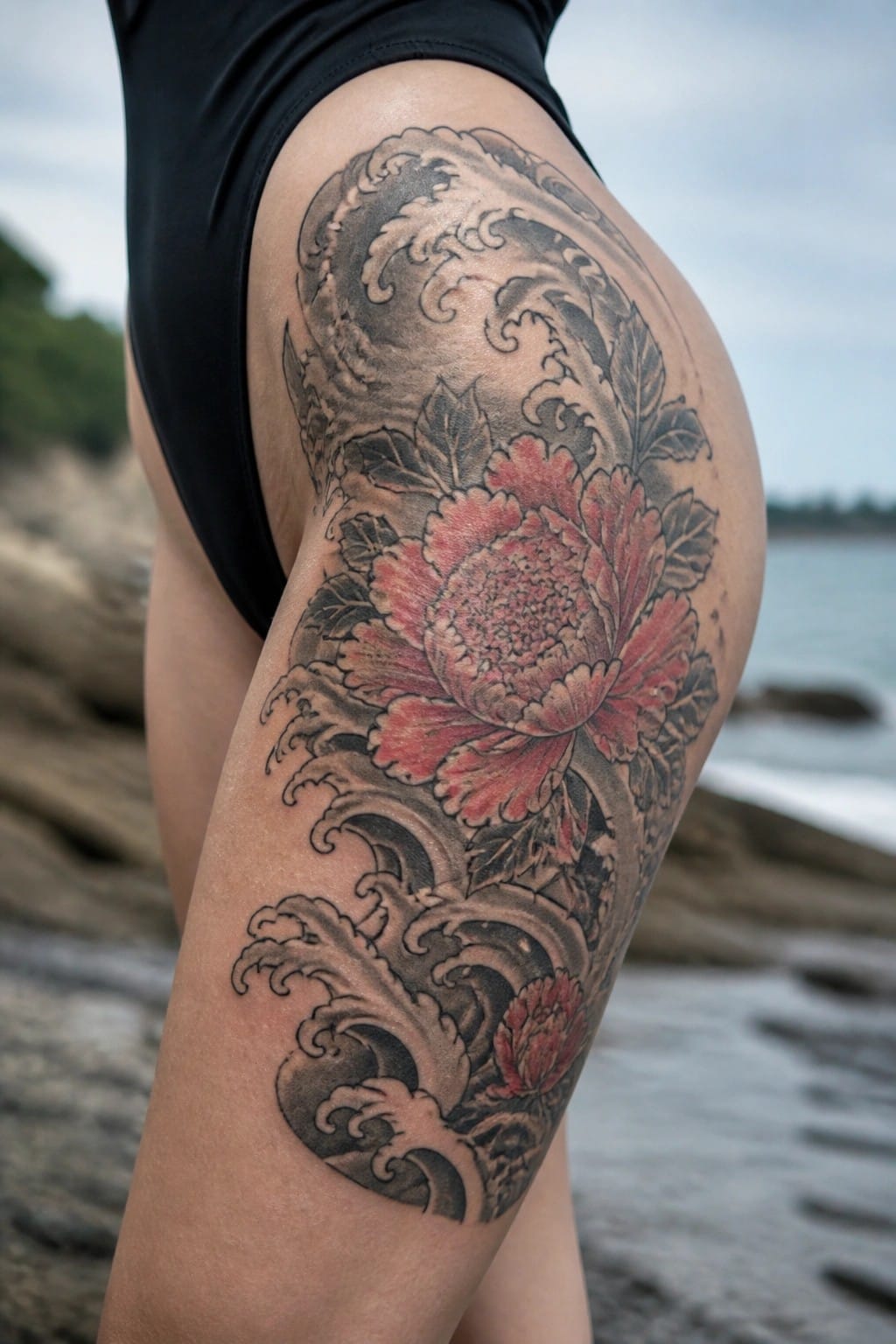 Black swimsuit thigh with red peony flowers and black wave tattoo by ocean