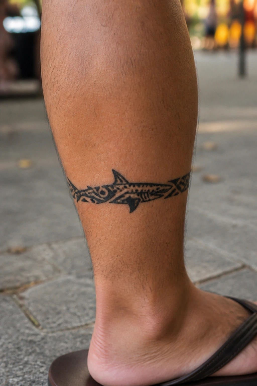 Tribal shark tattoo on ankle above dark flip-flop on paved ground.