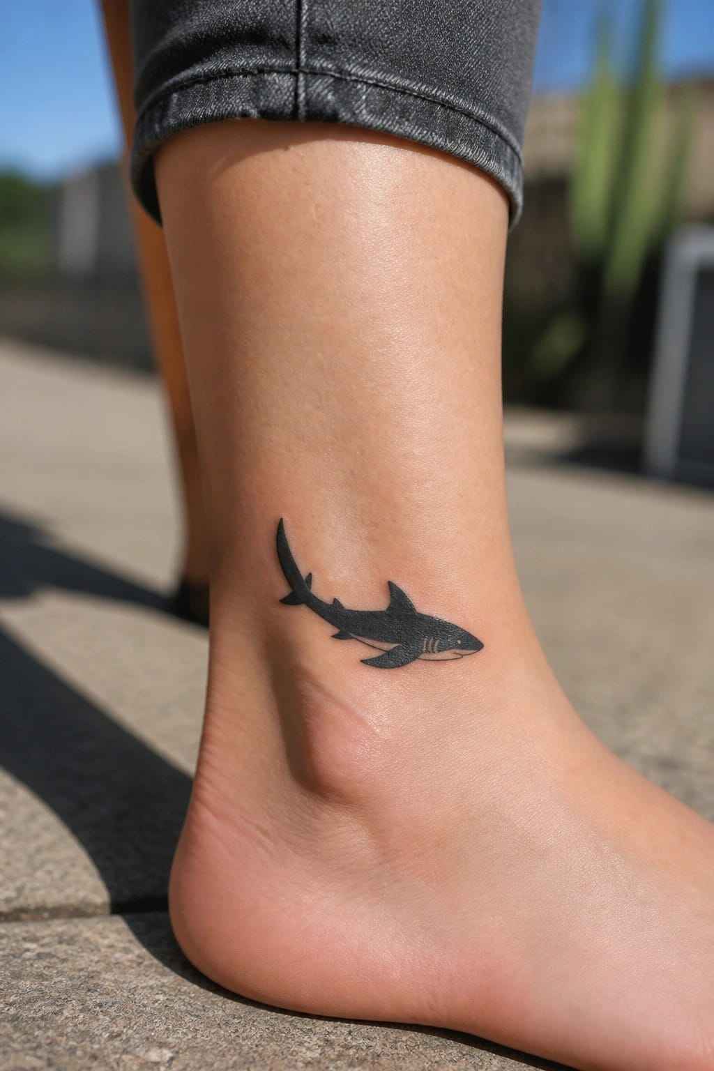 Black shark tattoo on ankle beneath rolled gray denim pants outdoors