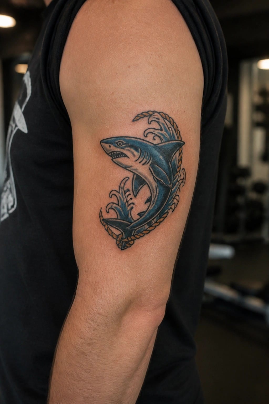 Blue shark tattoo with waves and rope on arm in black tank top.