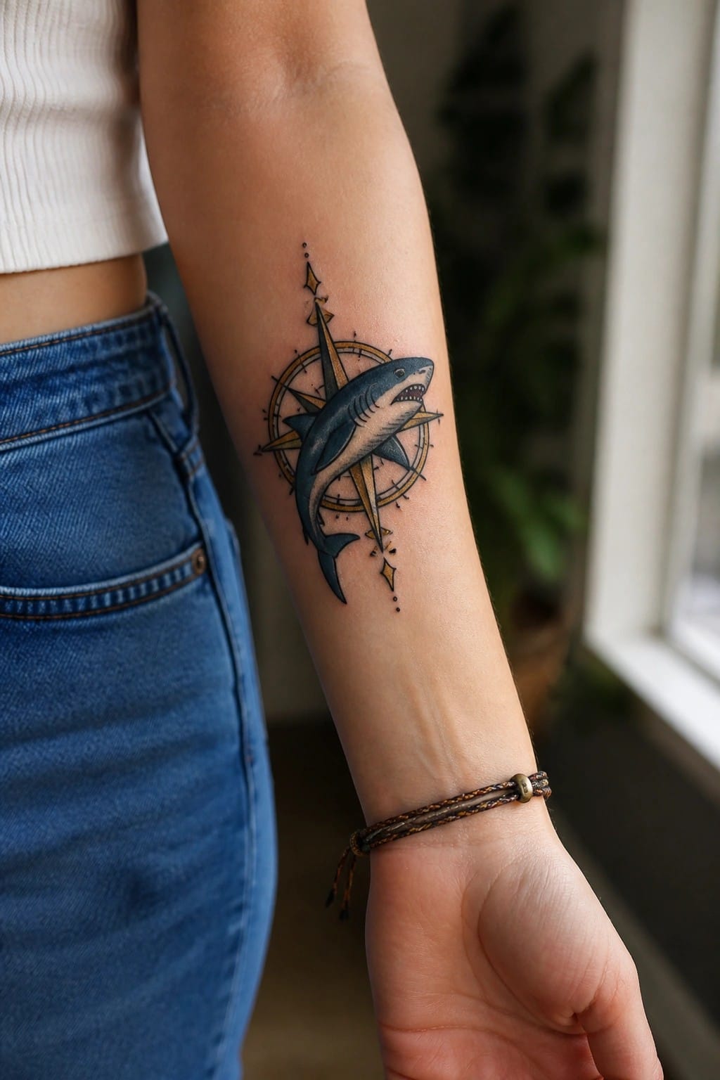 Small shark and compass tattoo on the inner forearm with blue shading and gold accents on the points.