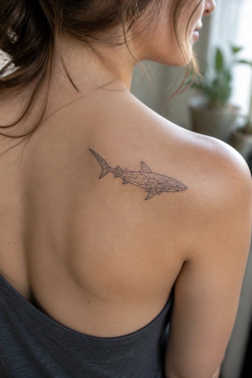 Fine line shark tattoo on a woman's upper back near the shoulder, shown from behind in a realistic photo.