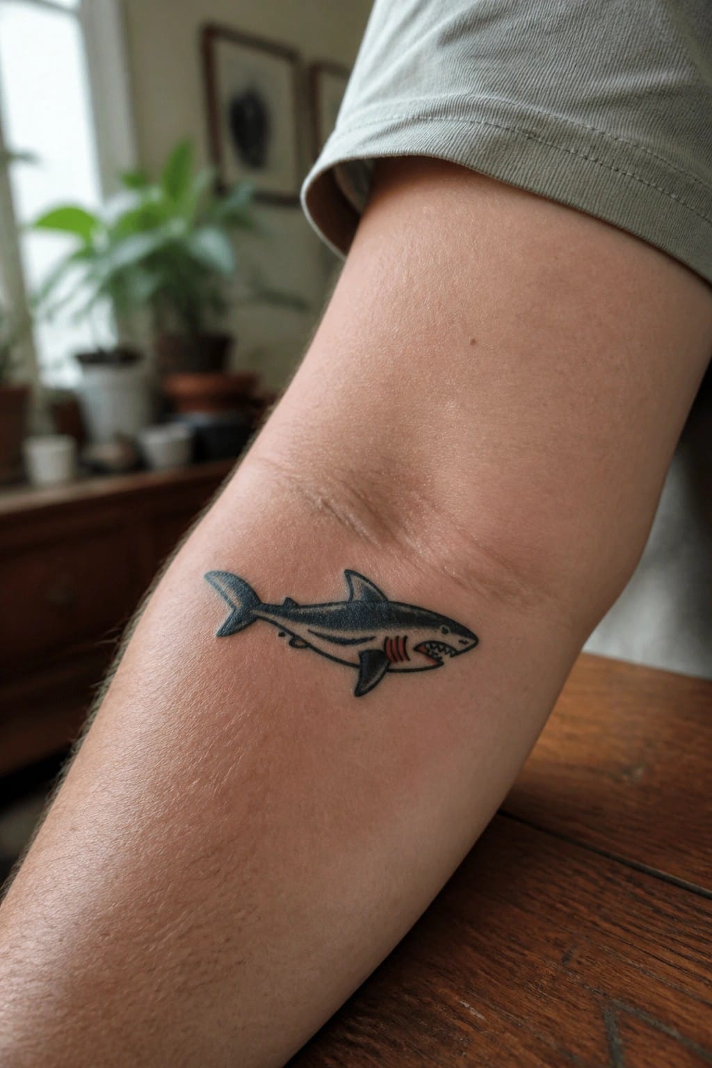 Small shark tattoo in black and grey with red accents on the inner forearm.