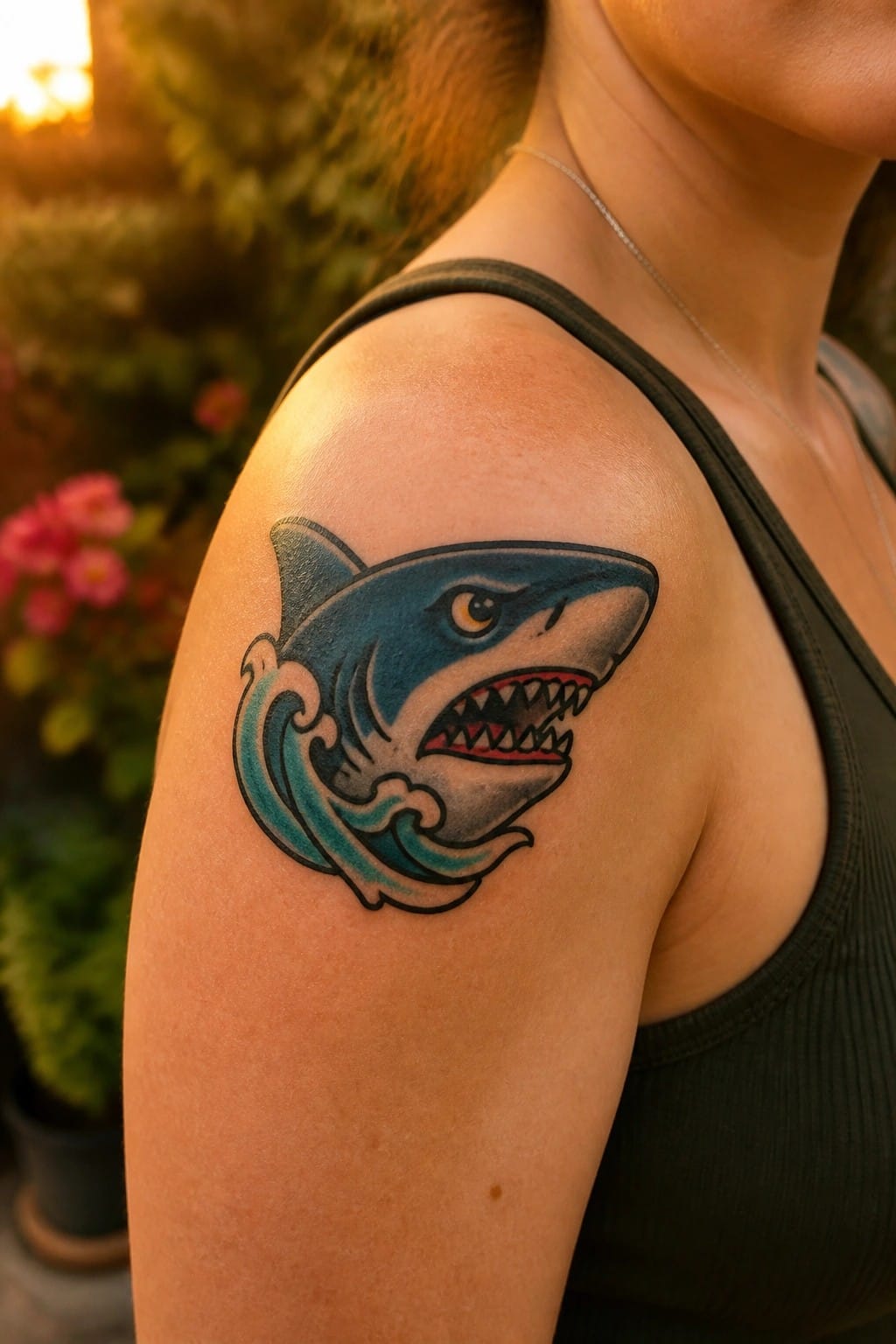 Blue shark tattoo with waves on shoulder above black tank top at sunset