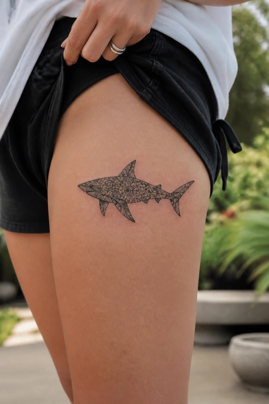 Detailed mandala shark tattoo on thigh under black shorts and white shirt